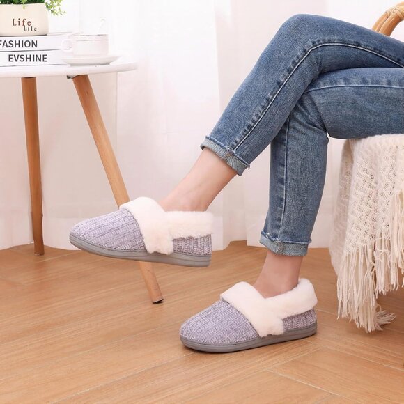Women's Light Gray Fuzzy Warm Closed Back Knit Bedroom Slippers Boot Shoes - Picture 6 of 6